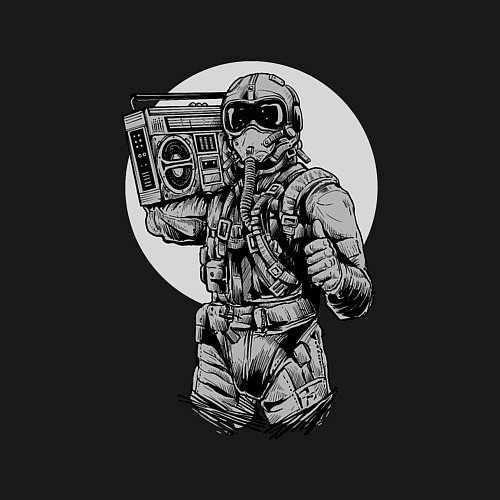 Мужской свитшот Летчик-истребитель с Бумбоксом слушает ретро музык / Черный – фото 3