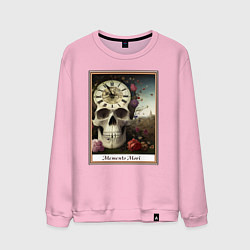 Свитшот хлопковый мужской Memento Mori, череп, часы и цветы, в рамке, цвет: светло-розовый