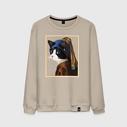Свитшот хлопковый мужской Кошечка с жемчужной сережкой Ян Вермеер, цвет: миндальный