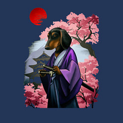 Свитшот хлопковый мужской Такса-Самурай весенняя на фоне сакуры, цвет: тёмно-синий — фото 2