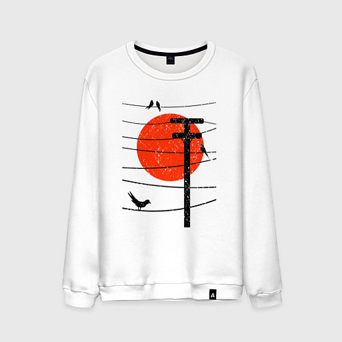 Мужской свитшот Птицы на проводах и солнце / Белый – фото 1