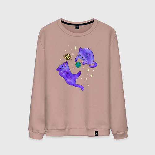 Мужской свитшот Космические коты, играющие планетами / Пыльно-розовый – фото 1