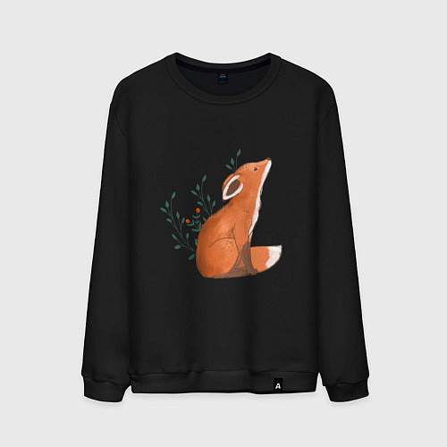 Мужской свитшот Лисица и листики / Черный – фото 1