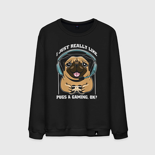 Мужской свитшот I just really like pugs gaming ok / Черный – фото 1