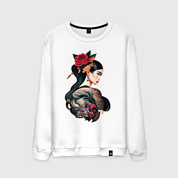 Свитшот хлопковый мужской Irezumi tattoo стиль девушка лотос, цвет: белый