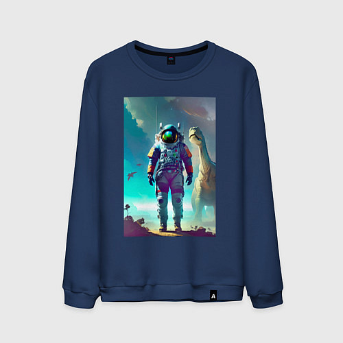 Мужской свитшот Космонавт на планете динозавров - нейросеть / Тёмно-синий – фото 1
