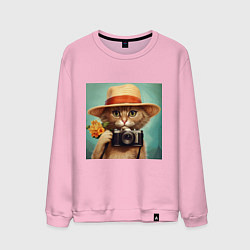 Свитшот хлопковый мужской Кот в соломенной шляпе с фотоаппаратом, цвет: светло-розовый