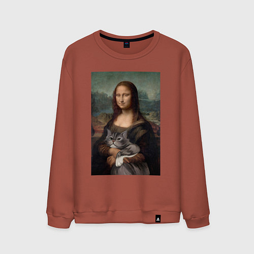 Мужской свитшот Мона Лиза с котиком / Кирпичный – фото 1