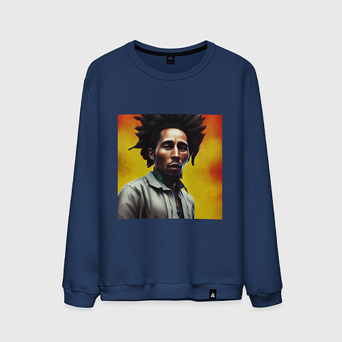 Мужской свитшот Граффити Арт в оранжевых тонах Боб Марли / Тёмно-синий – фото 1