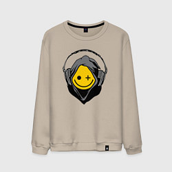 Свитшот хлопковый мужской Смайлик в наушниках smiley face in headphones, цвет: миндальный