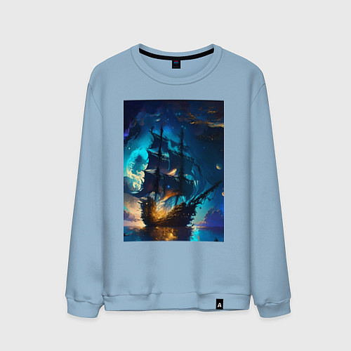 Мужской свитшот Корабль в ночном море - нейросеть / Мягкое небо – фото 1