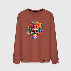 Свитшот хлопковый мужской Череп с цветами в мексиканском стиле, цвет: кирпичный