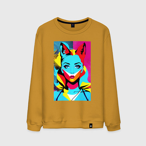 Мужской свитшот Fox girl - pop art - neural network / Горчичный – фото 1