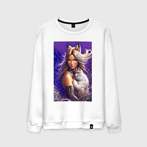 Мужской свитшот Девушка-лиса с лисёнком - нейросеть / Белый – фото 1