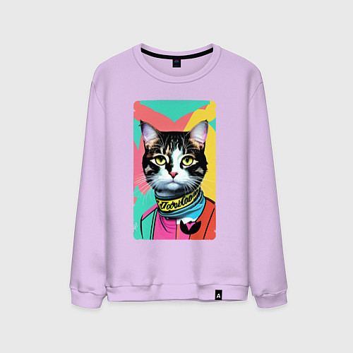 Мужской свитшот Pop art cat - neural network / Лаванда – фото 1