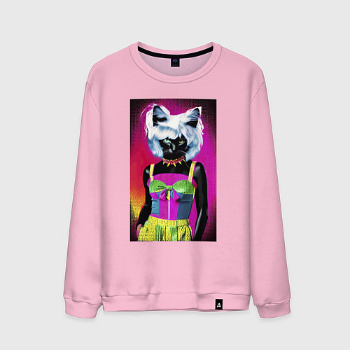 Мужской свитшот Cat fashionista - pop art - neural network / Светло-розовый – фото 1