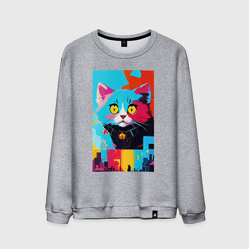Мужской свитшот Изумлённый котёнок - поп-арт - нейросеть / Меланж – фото 1