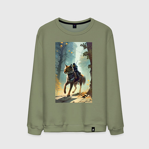 Мужской свитшот Всадник на коте - киберпанк - нейросеть / Авокадо – фото 1