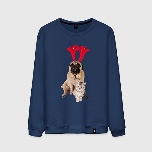 Мужской свитшот Мопс с ушками и котёнок / Тёмно-синий – фото 1