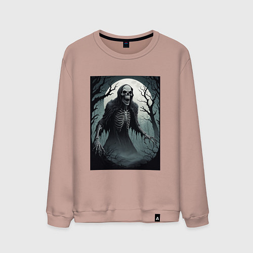 Мужской свитшот Привидение-скелет в ночном лесу / Пыльно-розовый – фото 1