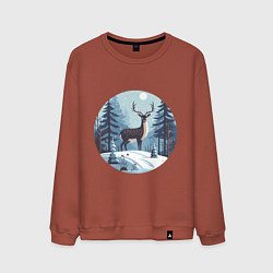 Свитшот хлопковый мужской Зимняя сказка олень в лесу, цвет: кирпичный