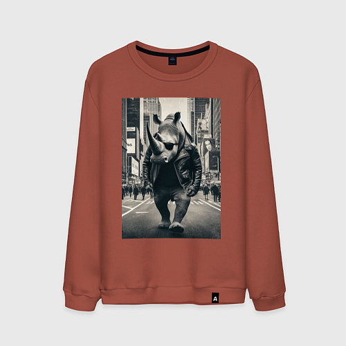 Мужской свитшот Могучий носорог житель Нью-Йорка - нейросеть / Кирпичный – фото 1