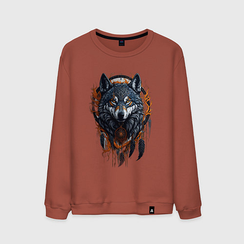 Мужской свитшот Волк и ловец снов / Кирпичный – фото 1