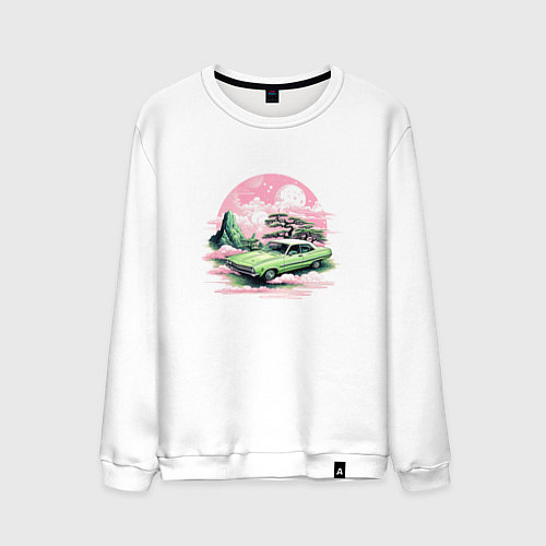 Мужской свитшот Ретро автомобиль на розовом закате / Белый – фото 1