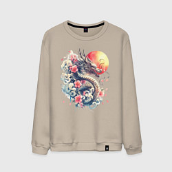 Свитшот хлопковый мужской Японский дракон на фоне солнца и цветки сакуры, цвет: миндальный