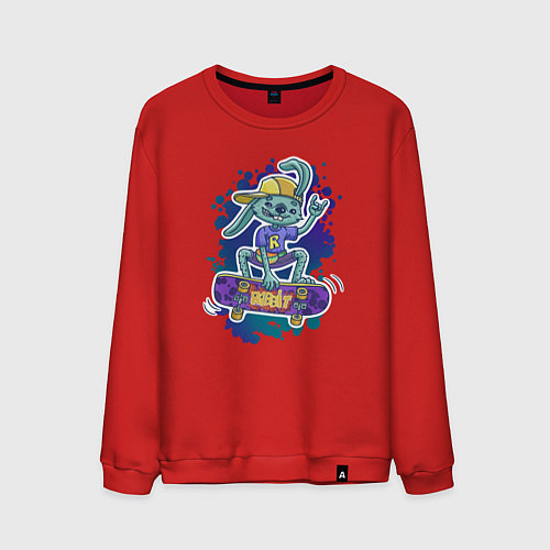 Мужской свитшот Кролик скейтбордист прыгает / Красный – фото 1