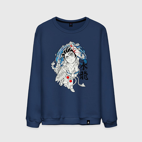 Мужской свитшот Танджиро Камадо и иероглифы / Тёмно-синий – фото 1