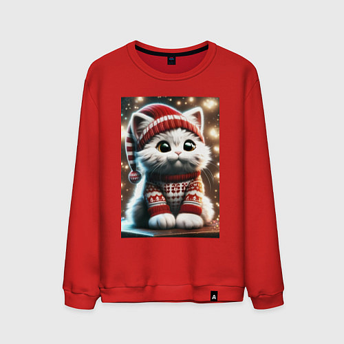 Мужской свитшот Котик в новогоднем свитере / Красный – фото 1