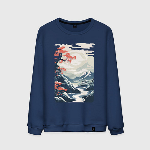 Мужской свитшот Горный пейзаж в японском стиле / Тёмно-синий – фото 1