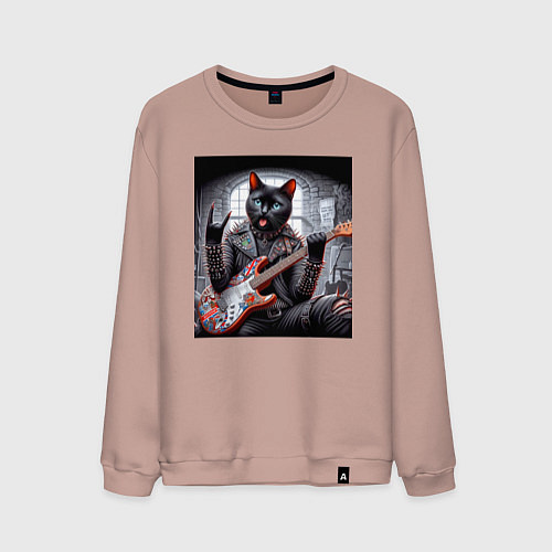 Мужской свитшот Чёрный котяра рок гитарист / Пыльно-розовый – фото 1