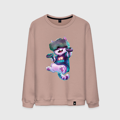 Мужской свитшот Кот-геймер в VR-шлеме / Пыльно-розовый – фото 1