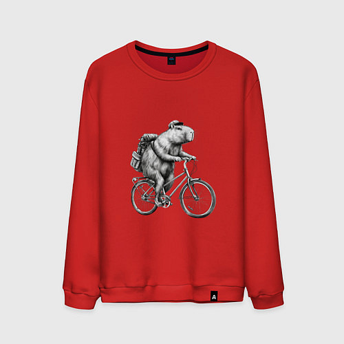 Мужской свитшот Капибара на велосипеде в черном цвете / Красный – фото 1