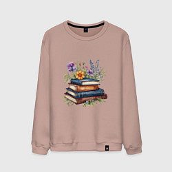 Свитшот хлопковый мужской Стопка книг с полевыми цветами, цвет: пыльно-розовый