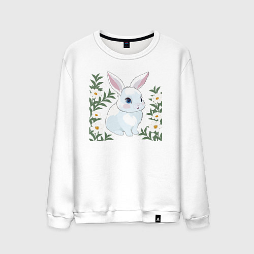 Мужской свитшот Милый зайчонок на фоне цветов / Белый – фото 1