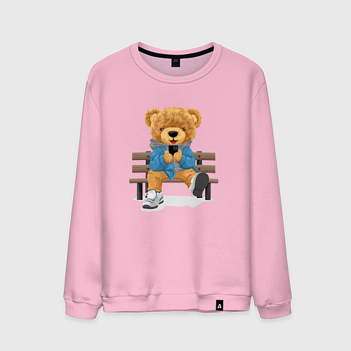 Мужской свитшот Плюшевый медведь на скамейке / Светло-розовый – фото 1