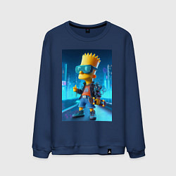 Свитшот хлопковый мужской Барт Симпсон в неоновом городе со скейтбордом - не, цвет: тёмно-синий
