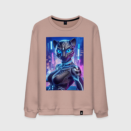 Мужской свитшот Cyber panter - ai art fantasy / Пыльно-розовый – фото 1