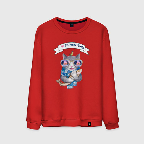 Мужской свитшот Кот с рыбой из Петербурга / Красный – фото 1