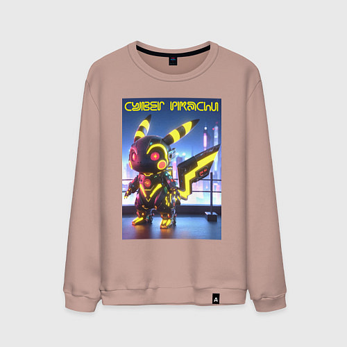 Мужской свитшот Cyber pikachu - ai art neon glow fantasy / Пыльно-розовый – фото 1