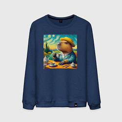 Свитшот хлопковый мужской Забавная капибара в шляпе и костюме пьет чай в сти, цвет: тёмно-синий