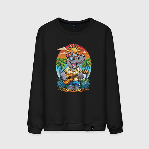 Мужской свитшот Носорог играет на гитаре жарким летом / Черный – фото 1