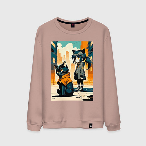 Мужской свитшот Кот и девочка гуляют на своём районе - нейросеть / Пыльно-розовый – фото 1