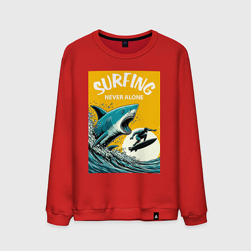 Мужской свитшот Акула и серфер - нейросеть / Красный – фото 1