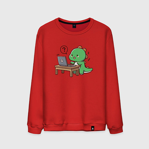Мужской свитшот Смешной динозавр за компьютером ничего не понимает / Красный – фото 1
