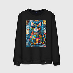 Свитшот хлопковый мужской Прикольный котик - пэчворк, цвет: черный