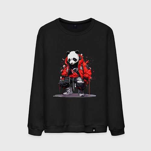 Мужской свитшот Модная панда в красной куртке / Черный – фото 1